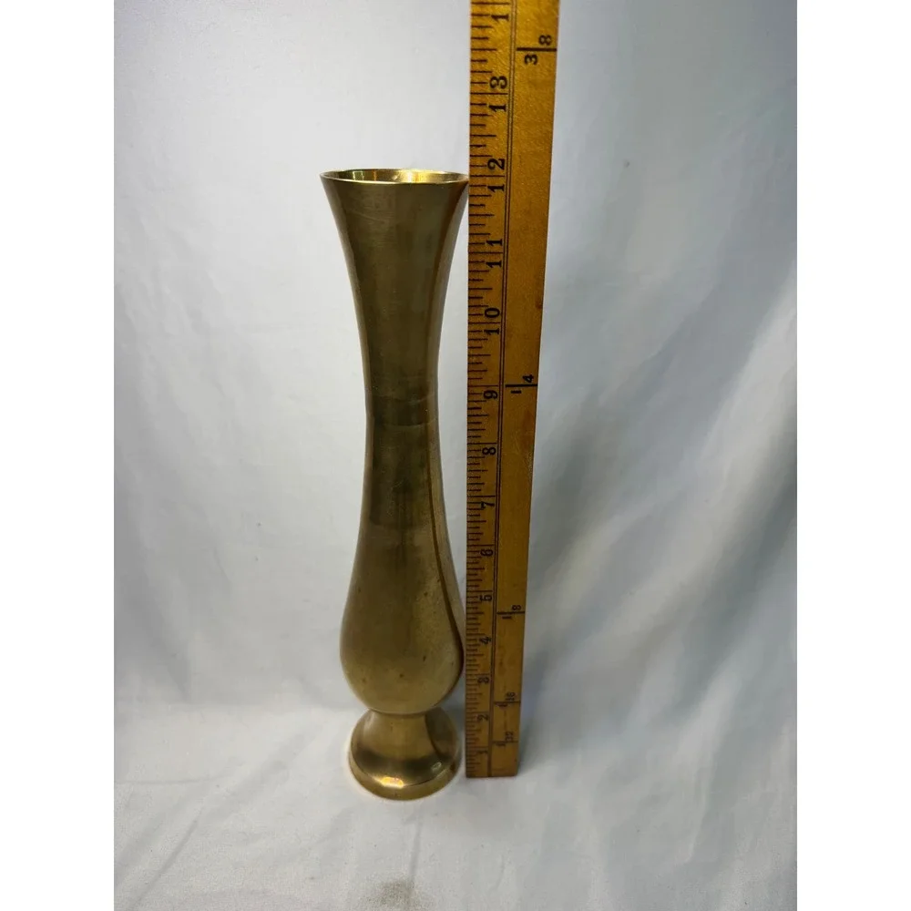 Vintage Solid Brass Bud Vase Tall Slender Gold Tone Flower Holder 12.75 Inch